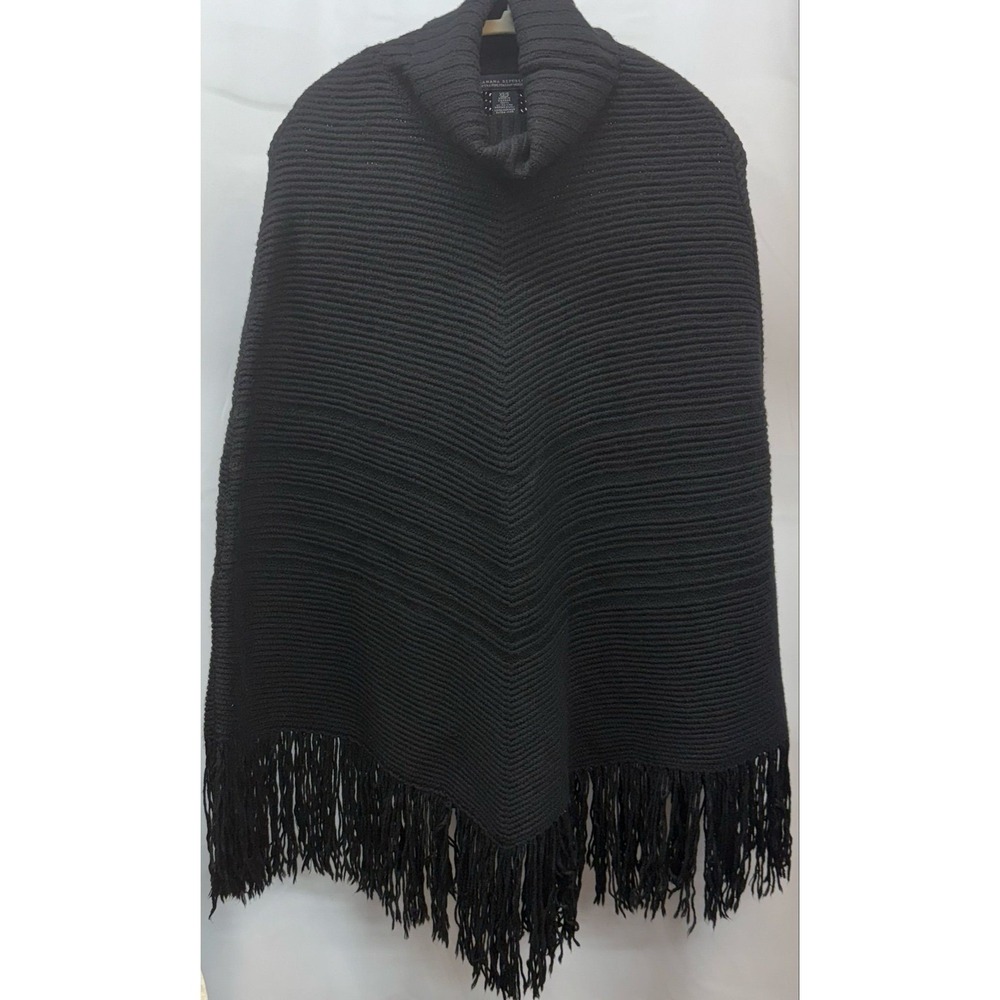 Banana Republic Black 100% Merino Wool Fringed Turtleneck Poncho XS/S‎ RELAXED)